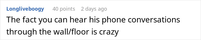Comment on a forum post about a clever woman confusing her loud downstairs neighbor to restore peace in an apartment block. Comment on a forum post about a clever woman confusing her loud downstairs neighbor to restore peace in an apartment block.
