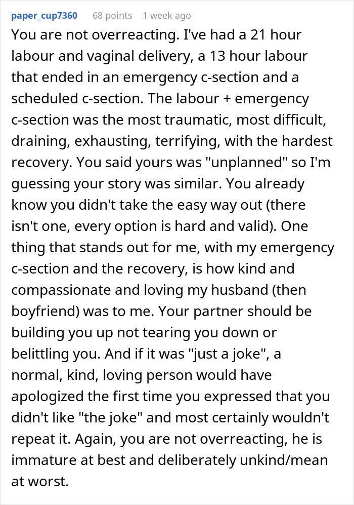 Comment discussing traumatic birth experience, emergency c-section, and unsupportive boyfriend belittling her recovery.