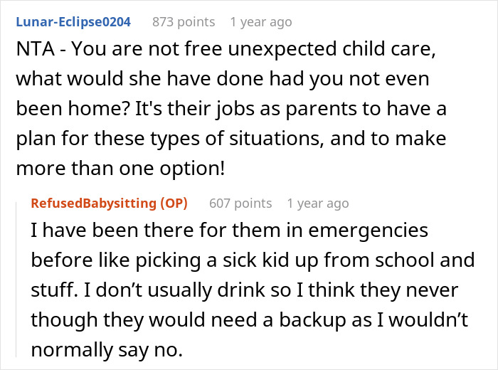 Screenshot of an online discussion where a guy refuses to watch kids during an emergency due to being under the influence. Screenshot of an online discussion where a guy refuses to watch kids during an emergency due to being under the influence.