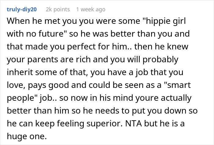 Comment discussing a man undermining his wife's job and feeling defensive when she does not laugh along.