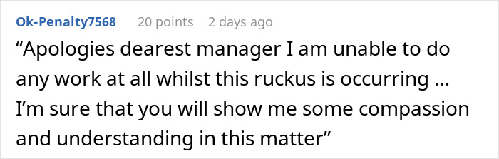 Screenshot of online comment complaining about office drama, expressing frustration and desire for peace during work hours.
