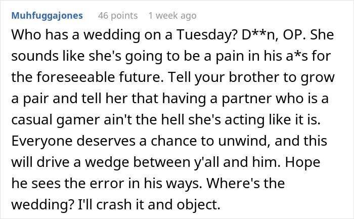 Screenshot of a comment discussing a fianc&eacute; ending gaming days and the impact on siblings after he logs off permanently.