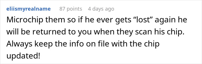 Screenshot of a Reddit comment advising to microchip dogs to ensure they are returned if lost.