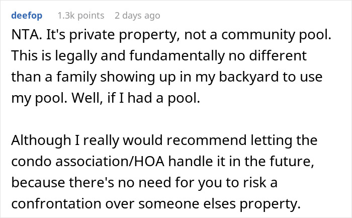 Reddit user explains why non-resident family cannot use the private condo pool, sparking emotional reactions from kids.