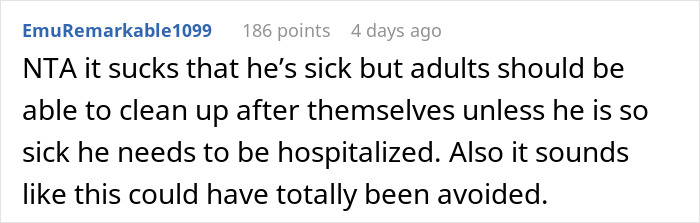 Comment discussing a sick husband refusing to use a trash can to vomit and expecting his wife to clean the floor. Comment discussing a sick husband refusing to use a trash can to vomit and expecting his wife to clean the floor.