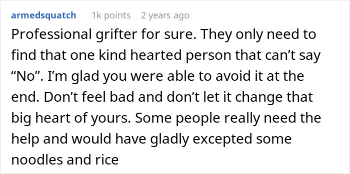 Comment discussing a woman who almost got scammed at the store but avoided being a victim of a professional grifter. Comment discussing a woman who almost got scammed at the store but avoided being a victim of a professional grifter.