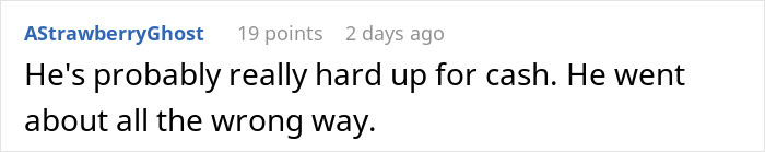 Screenshot of an online comment discussing a cousin who offered to photograph a wedding as a gift then sent a $3,000 bill.