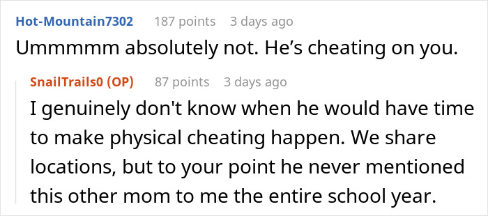 Screenshot of an online discussion about a flirty dad dropping off sweets to another mom at school and concerns about red flags. Screenshot of an online discussion about a flirty dad dropping off sweets to another mom at school and concerns about red flags.