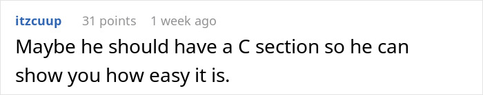 Screenshot of a Reddit comment discussing a traumatic birth experience and misunderstanding around C sections.