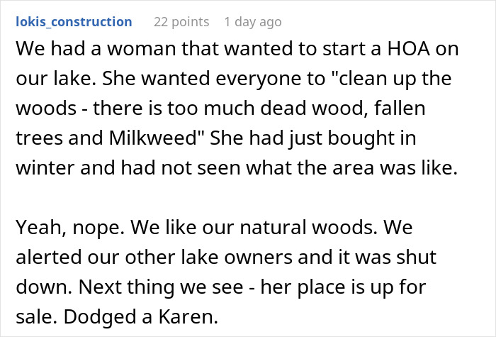 Screenshot of a Reddit comment discussing an annoying neighbor&rsquo;s complaint about overgrown weeds near natural woods.
