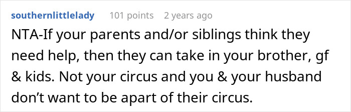 Reddit comment discussing siblings turning on sister after she denies sheltering brother&rsquo;s entire family at her home.