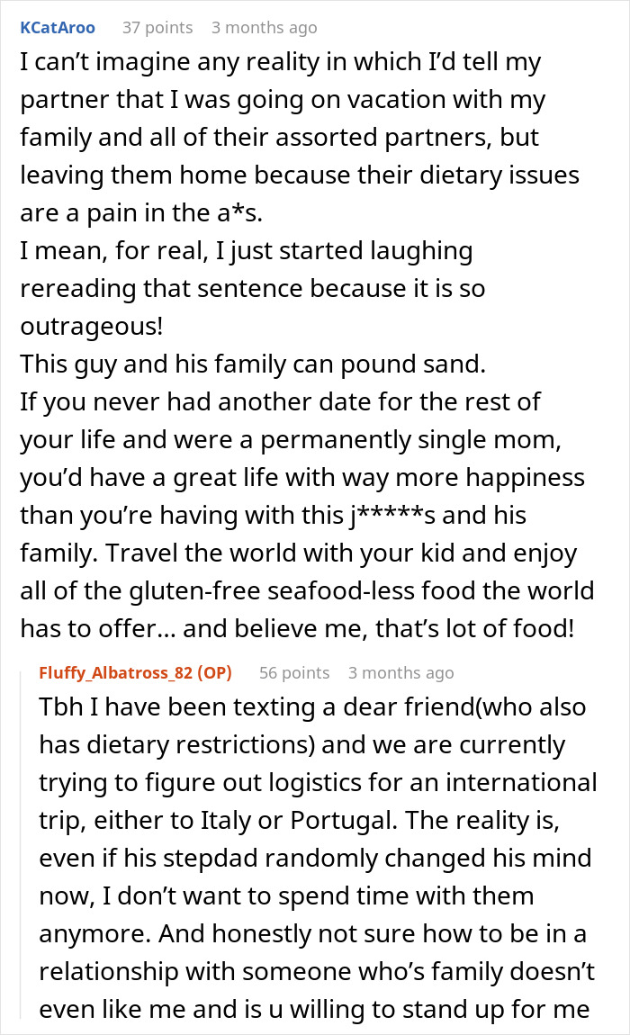 Online discussion about woman excluded from boyfriend’s family vacation due to gluten dietary restrictions and family conflict. Online discussion about woman excluded from boyfriend’s family vacation due to gluten dietary restrictions and family conflict.