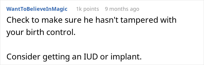 Screenshot of an online comment advising to check birth control methods like IUD or implant amid heartbreaking cancer diagnosis assumptions.