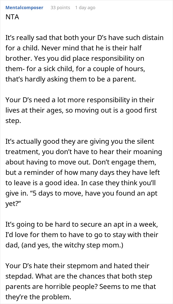 Comment discussing a mom blowing up at daughters and calling them pathetic for mistreating their half-brother and responsibility issues.