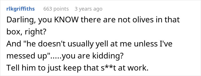 Reddit user reacts to husband guarding box of olives while wife&rsquo;s cleaning causes a dramatic meltdown at home.