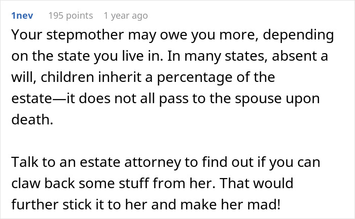 Comment about estate laws and inheritance rights indicating frustration with a horrible stepmom after being blocked.