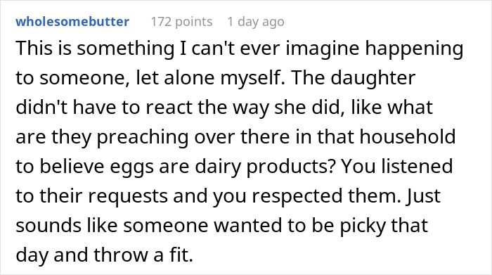 Screenshot of a Reddit comment discussing confusion over the belief that eggs are dairy products in a dairy-free cake request.