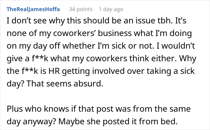 Screenshot of a Reddit comment defending privacy about calling in sick, related to Bottomless Mimosa Brunch discussion.