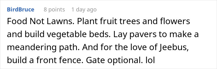 Screenshot of an online comment discussing lawn care by planting fruit trees, flowers, and building vegetable beds. Screenshot of an online comment discussing lawn care by planting fruit trees, flowers, and building vegetable beds.