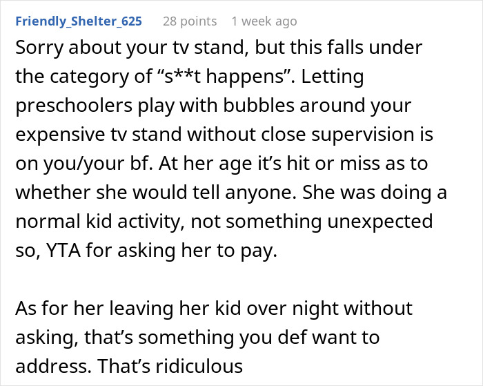 Reddit comment discussing charging friend for daughter damaging furniture and supervision responsibility in a family dispute.