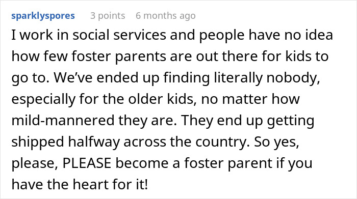Comment from social services worker highlighting lack of foster parents and urging support for kids' living conditions.