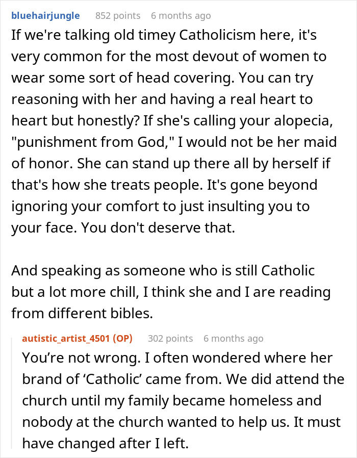 Discussion about bride thinking cousin&rsquo;s alopecia is punishment from God and banning her from wearing a headscarf.