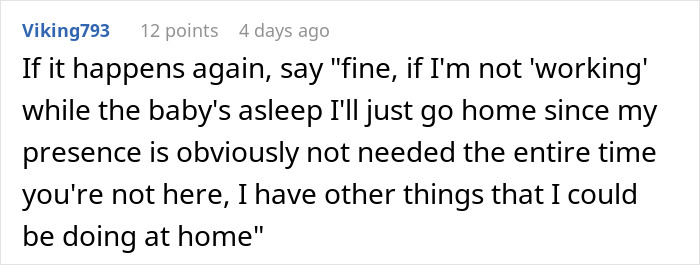 Text comment about a babysitter refusing to stay unpaid while the baby falls asleep, addressing babysitter payment issues.