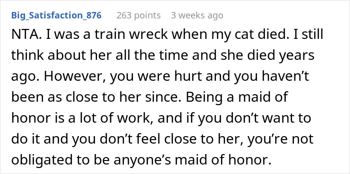 Comment discussing maid of honor responsibilities after losing a pet, relating to maid of honor missing sister&rsquo;s wedding.