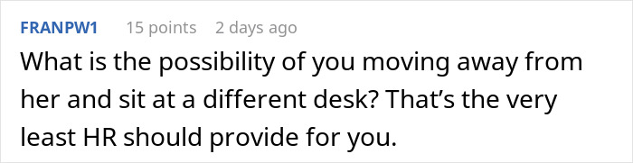 Comment text on a gray background discussing moving desks at the office to avoid drama and mentioning HR support.