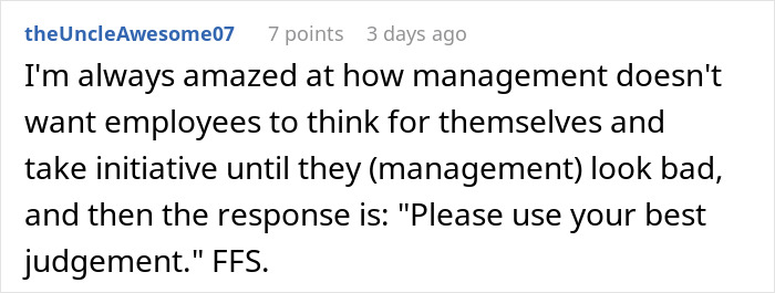Comment about management telling staff not to fill empty shelves, highlighting poor decision making and sales impact.