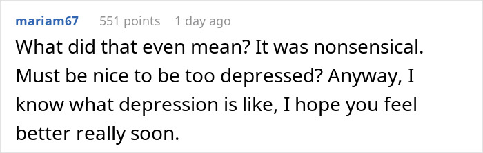 Screenshot of an online comment discussing being too depressed to babysit and understanding what depression really means.