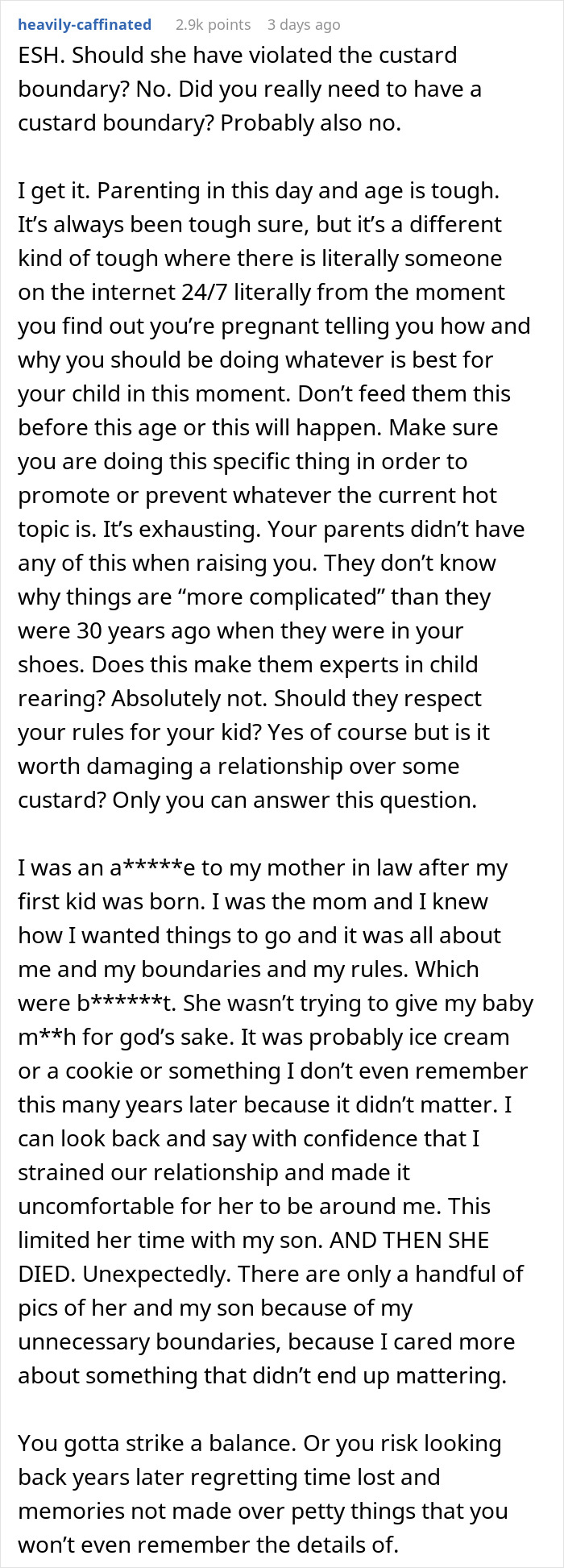 Reddit post discussing parenting challenges and regrets about keeping son away from grandmother after feeding custard.