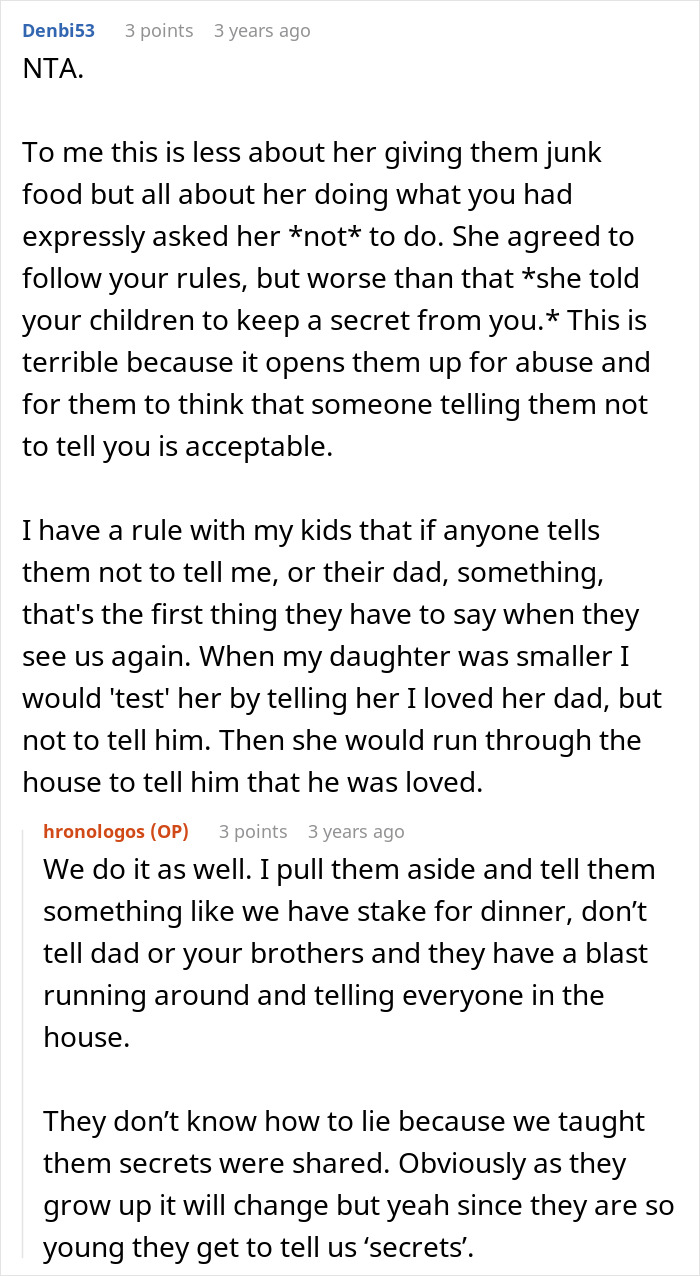 Text conversation discussing concerns about a mom refusing to leave kids with MIL due to fast food feeding issues.