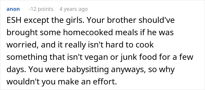 Screenshot of an online discussion about feeding nieces junk food for 3 days during babysitting.