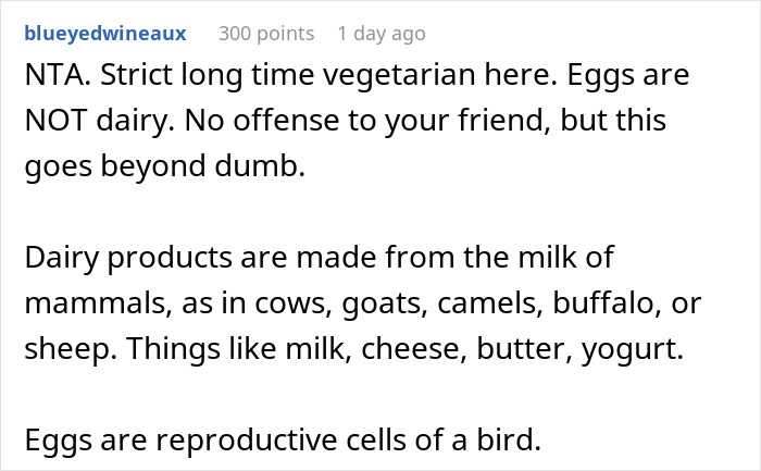 Comment explaining that eggs are not dairy, clarifying dairy products come from mammals&rsquo; milk, not eggs.