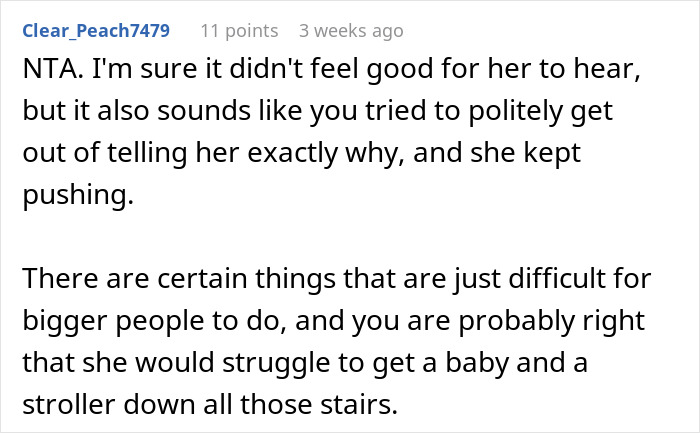 Reddit comment discussing challenges of obese mom babysitting newborn and concerns of fat shaming in parenting decisions.