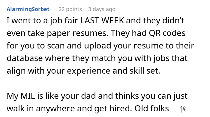 Text post discussing challenges of physical office job search, mentioning job fairs, resumes, and security escort.