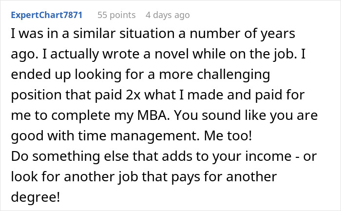 Screenshot of an online forum post discussing employee work flexibility and time management for better income and career growth. Screenshot of an online forum post discussing employee work flexibility and time management for better income and career growth.