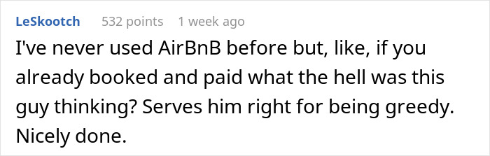 Comment praising petty revenge after Airbnb host raises price last minute, highlighting fairness and calling it nicely done.