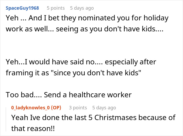 Screenshot of a forum discussion about being nominated for extra risky work at the job due to not having kids.