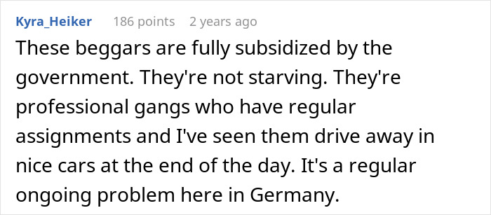 Text post showing a user discussing beggars, highlighting issues of government subsidy and scams in Germany. Text post showing a user discussing beggars, highlighting issues of government subsidy and scams in Germany.