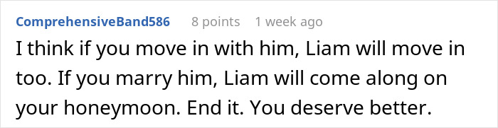 Screenshot of a comment warning a woman about a guy who always brings his BFF to dates, urging her to end it.