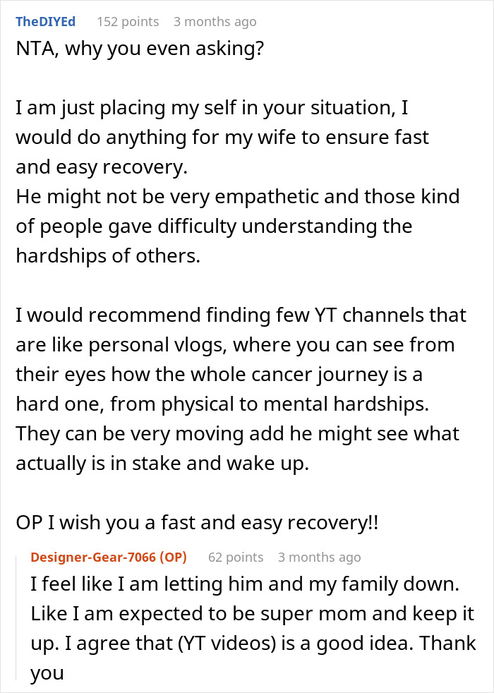 Alt text: Excerpt from an online discussion about a woman with cancer asking her husband for help with chores and his lack of empathy.