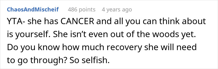 Screenshot of a Reddit comment discussing a man walking out after wife&rsquo;s cancer diagnosis affecting having biological kids.