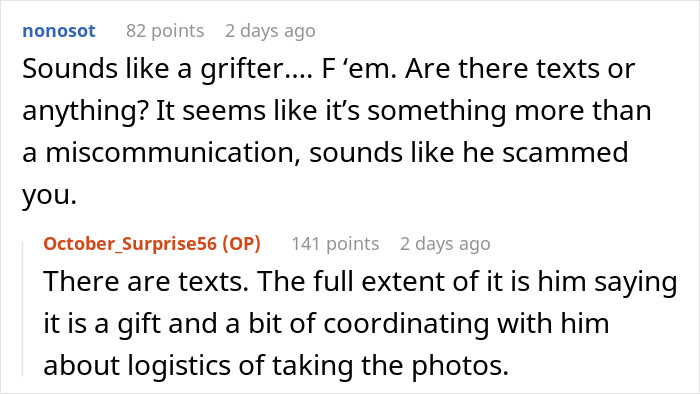 Discussion about cousin offering to photograph wedding as a gift then sending couple a $3,000 bill in text comments.