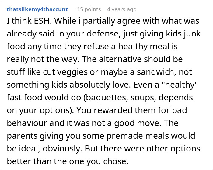 Comment discussing the impact of feeding nieces junk food for three days and alternative meal suggestions.