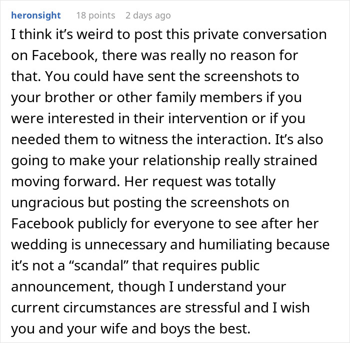 Screenshot of a Reddit comment discussing the impact of posting SIL's texts online and making her look bad.