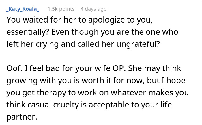 Screenshot of a Reddit comment discussing a man asking how to make her feel what he feels after a date leaves wife crying.