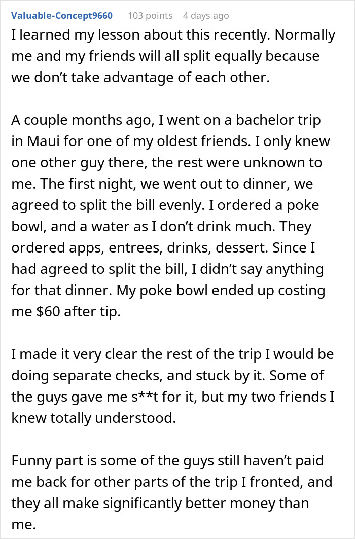 Text post about coworkers agreeing to split the bill but one backing out after dining on a bachelor trip.