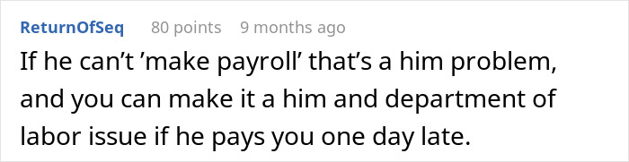 Screenshot of a Reddit comment discussing late pay and making it a labor issue if employer pays workers late.